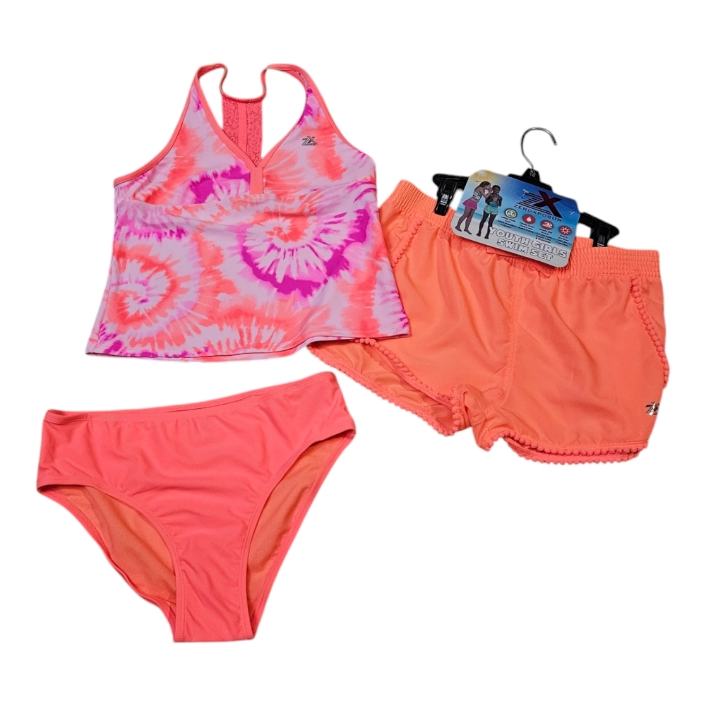 ZeroXposur Girls Swimsuit Set Size 16 NEW Tie Dye Neon Orange Pink 3 Piece